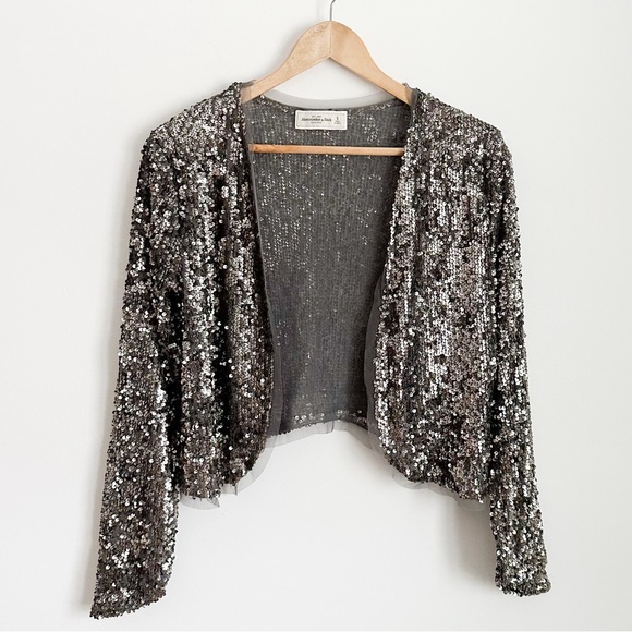 Abercrombie & Fitch gunmetal silver sequin open front bolero crop cardigan - Picture 2 of 9
